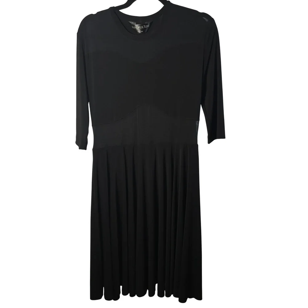 Norma Kamali Black Mesh Inset Fit Flare Midi Dress Women L Stretch Cocktail Chic